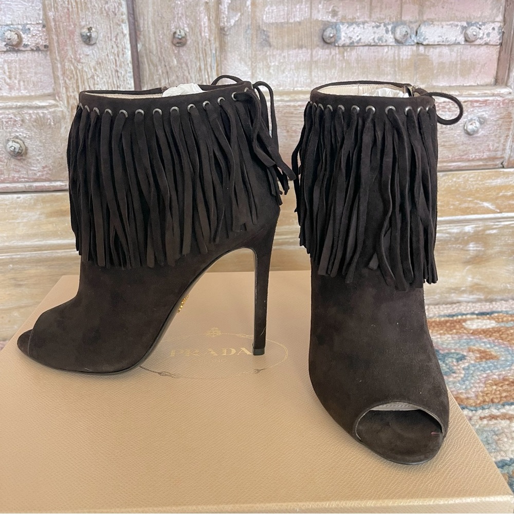 Prada fringe open toe brown suede bootie